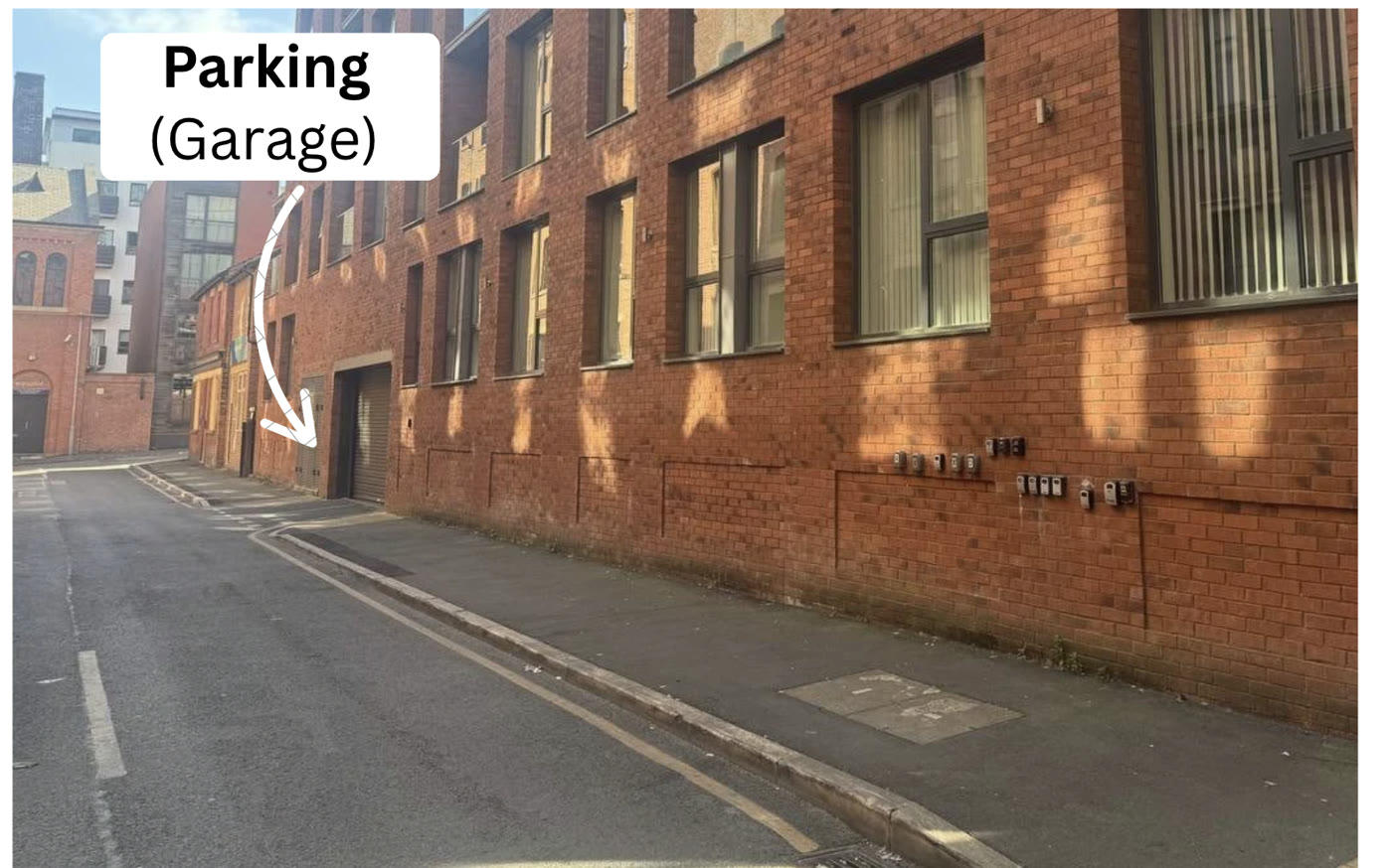 The alley at the back of Halo House with the garage entrance marked.