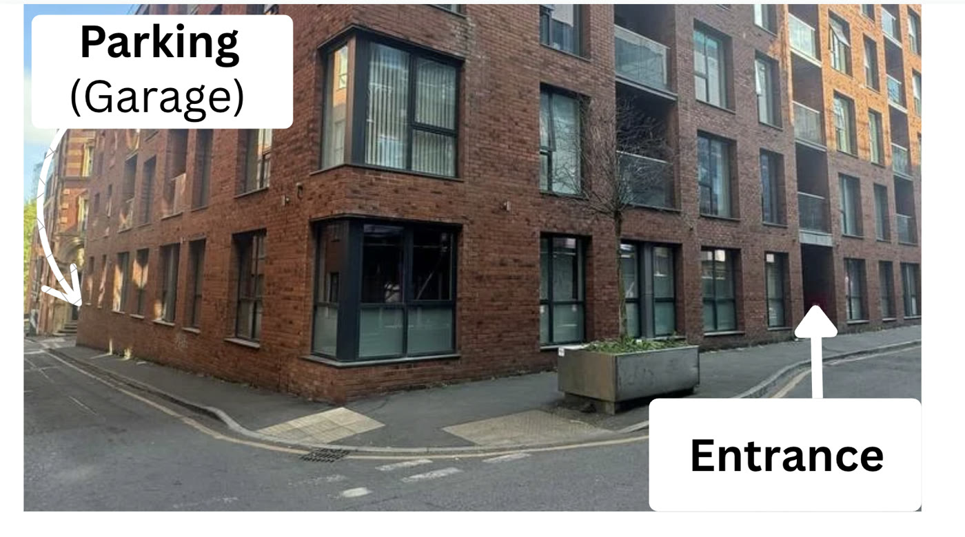 Halo House building, with the entrance and parking marked.